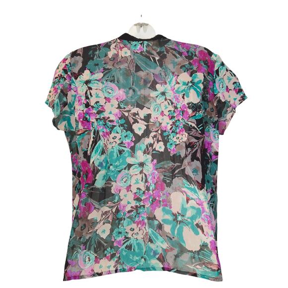 NY Collection Womens Medium Sheer Blouse Floral Mesh Button Up Top Bloomcore - Picture 3 of 8